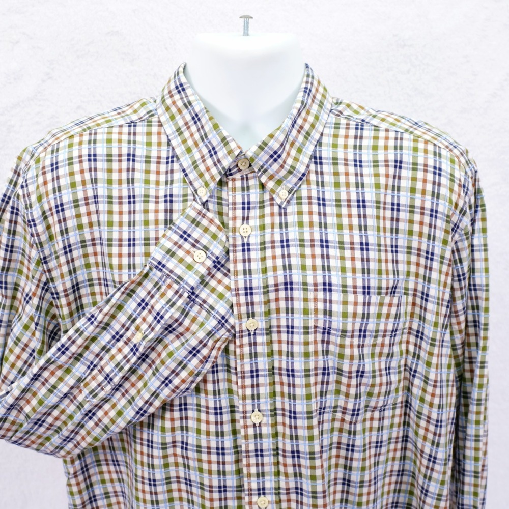 Tommy Hilfiger Slim Fit -XL- Cream Green Brown Blue Plaid Cotton Button Down